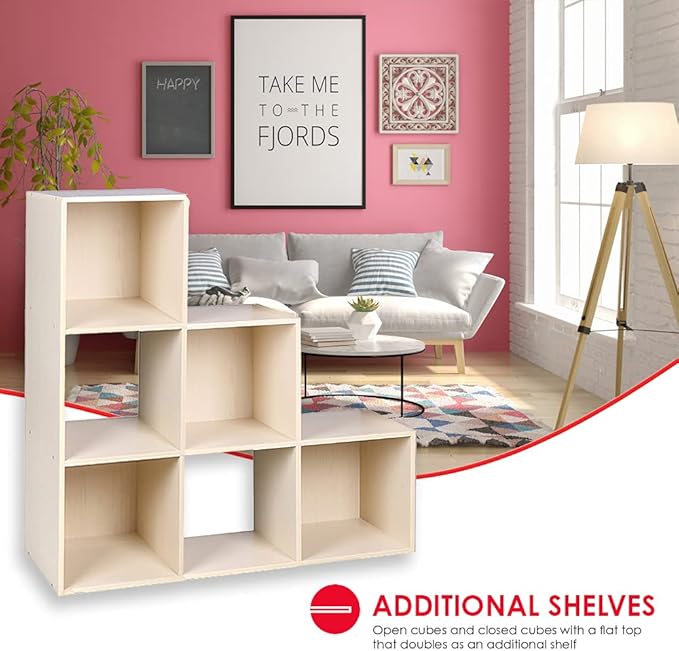 Home Basics Open and Enclosed Cube MDF Storage Organizer, Oak (6-Cube Tiered)