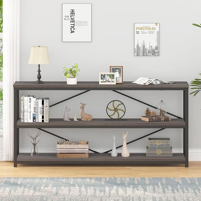 IBF Wood and Metal Book Shelf, Industrial Rustic Low 3 Tier Bookshelf, Farmhouse Long Wide Vintage Horizontal Bookcase, Modern Large Open Etagere for Home Office Living Room Bedroom, Gray Oak, 63 Inch