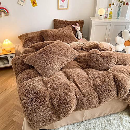 Faux Fur Kids Girls Coffee Comforter Sets King - 3PC Bed Set Warm Comfortable Soft Plush Flannel Velvet Fluffy Fuzzy Bedding（Comforter x 1 Pillowcases x 2）