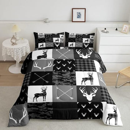 Camo Deer Comforter Set King Size,Western Rustic Farmhouse Xmas Bedding Set,Kids Boys Girls Room Decor,Antlers Arrows Geometric Plaids Comforter,Black Grey Retro Duvet Insert,3pcs,2 Pillowcases