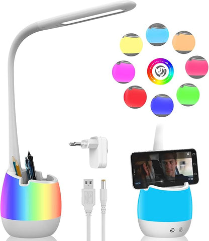 ERAY Kids Desk Lamp LED Study 2000mAh Rechargeable Desk Light with Pen Holder/ 8 Colors Night Light/ 3 Brightness Levels/Touch Control, Dimmable Table Lamp for Boys & Girls Eye-Caring Reading