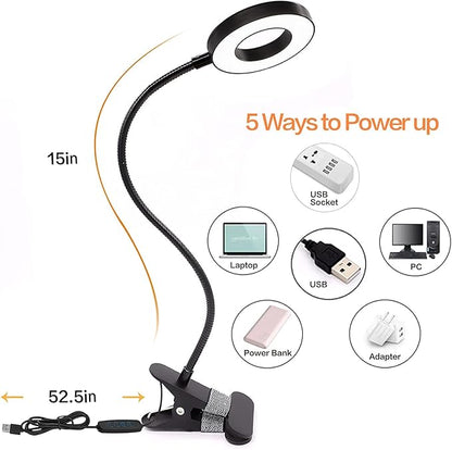 Clip on Light LED Reading Book Study Lamp 3 Color Modes 10 Brightness Eye Protection 360° Flexible Gooseneck Student Dormitory Office Desk Lamp at Night in Bed