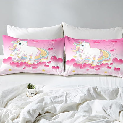 Girls Unicorn Comforter Set Queen Girly Fantasy Rainbow Unicorn Bedding Set for Kids Little Girls, Pink Love Heart Duvet Sets Dreamy Horse Cartoon Magical Animal Down Comforter with 2 Pillowcases