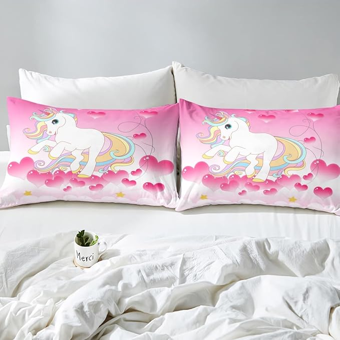 Girls Unicorn Comforter Set Twin Girly Fantasy Rainbow Unicorn Bedding Set for Kids Little Girls, Pink Love Heart Duvet Sets Dreamy Horse Cartoon Magical Animal Down Comforter with 1 Pillowcase