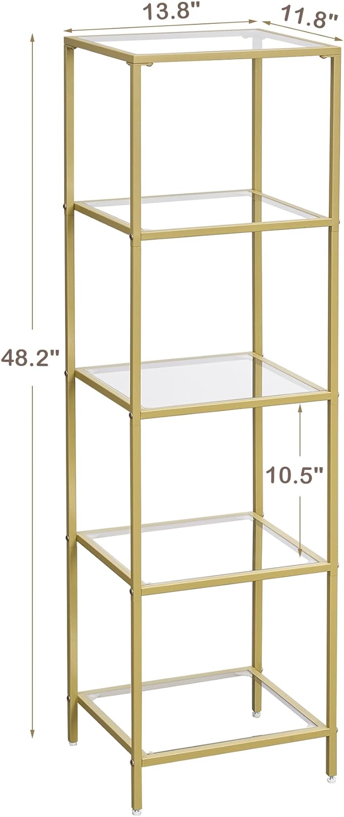 5-Tier Bookshelf,Metal Bookcase,Tempered Glass Shelves,Storage Rack Shelf for Home Office,Living Room,Bedroom, Bathroom,Modern Style,Golden