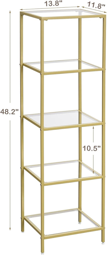 5-Tier Bookshelf,Metal Bookcase,Tempered Glass Shelves,Storage Rack Shelf for Home Office,Living Room,Bedroom, Bathroom,Modern Style,Golden