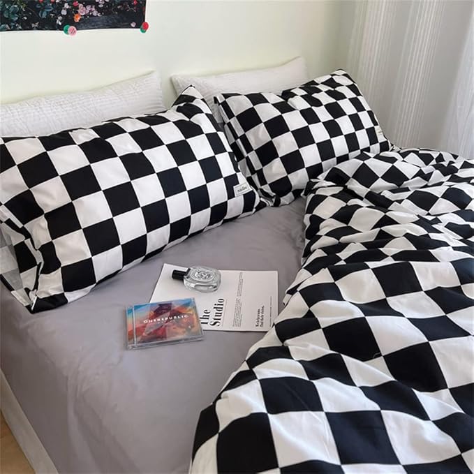 Wellboo Black White Plaid Comforter Sets Full Women Men Black and White Checkerboard Grid Bedding Comforters Cotton Boys Girls Modern Black Checkered Geometric Quilts Luxury Abstract White Bedding