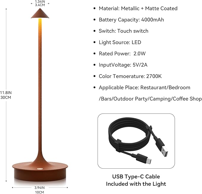 Cordless Table Lamp Rechargeable, Battery Operated Desk Lamp, 4000mAh LED Touch Lamp, Dimmable Portable Outdoor Waterproof Wireless Table Light for Restaurants/Bars/Outdoor(1PC, Brown)
