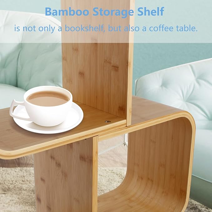 4-Tier S-Shaped Geometric Modern Bamboo Bookshelf, Large Capacity Creative Display Curved Rack Free-standing Bedside Table 2 in 1 Bookcase Storage CDs, DVDs Book Shelf for Home, Office, Living Room