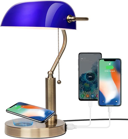 FIRVRE Bankers Lamp with2 USB and Wireless Charging Port，Pull Chain Switch Blue Glass Desk Lamp， E26 Base,Traditional Library Desk Lamps for Home Office,Bedroom,Piano