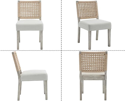 Kmax Farmhouse Dining Chairs Set of 4, Rustic Kitchen Chairs with Linen Fabric Seat and Woven Back, Vintage Accent Chairs for Dining Room, Living Room, Ivory