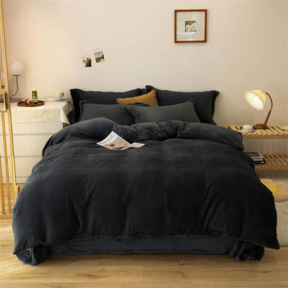 Wellboo Black Velvet Comforter Sets Twin Solid Black Fluffy Bedding Comforters Women Men Plain Dark Color Flannel Quilt Modern Minimalist All Black Comforters Twin Size Micromink Sherpa Plush Bedding