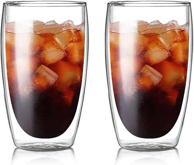 Set of 2 Double Wall Glass Coffee Mugs (15oz) - Insulated Clear Borosilicate Glass Cups for Latte, Cappuccino, Tea, and Espresso - Heat Resistant Glassware Gift for Christmas & Birthday