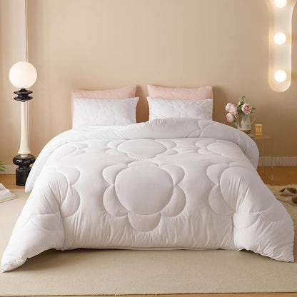 White Flower Comforter Queen White Sunflower Print Bed Queen Comforter Set 3 Pieces White Floral Comforter Set for Women Girls Bedroom Decor All Season Hotel Quality Comforter Set