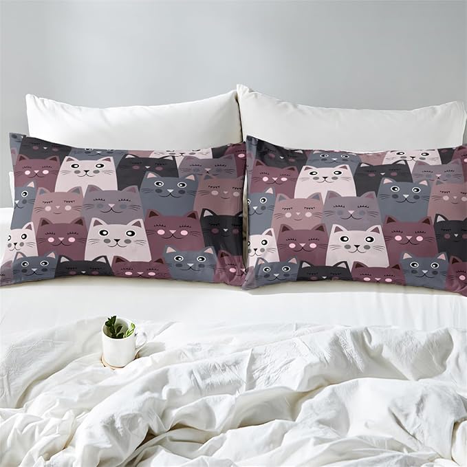 Cartoon Cat Bedding Set - 3Pcs Cute Cat Comforter Set for Bedroom Kids Boys Girls Cat Bedding Decor for All-Season Kawaii Kitten Pattern Lovely Animal 1 Cat Comforter with 2 Pillowcases, Queen Size