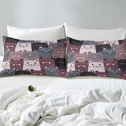Cartoon Cat Bedding Set - 3Pcs Cute Cat Comforter Set for Bedroom Kids Boys Girls Cat Bedding Decor for All-Season Kawaii Kitten Pattern Lovely Animal 1 Cat Comforter with 2 Pillowcases, Queen Size