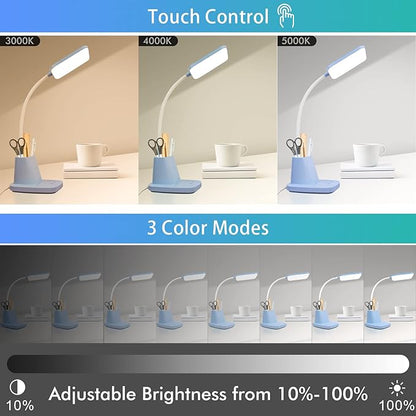 Sailstar Small Desk Lamp, Kids Desk Lamp with Pen Holder, Wireless Charger LED Desk Lamps for Home Office, 800LM Gooseneck 3 Modes Dimmable Touch Cute Desk Lamp, Blue Study Lamp for College Dorm Room