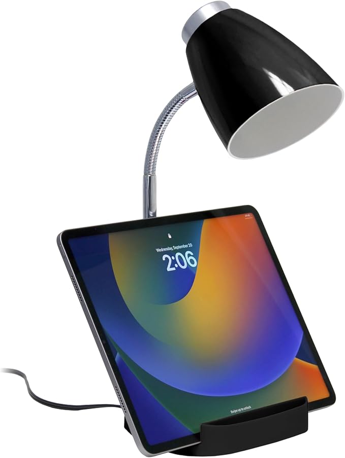 Simple Designs LD1067-BLK Compartmental Desk Lamp with iPhone/iPad/Tablet Stand, Bendable Gooseneck, for Office, Living Room, Nightstand, Library, Entryway, Black