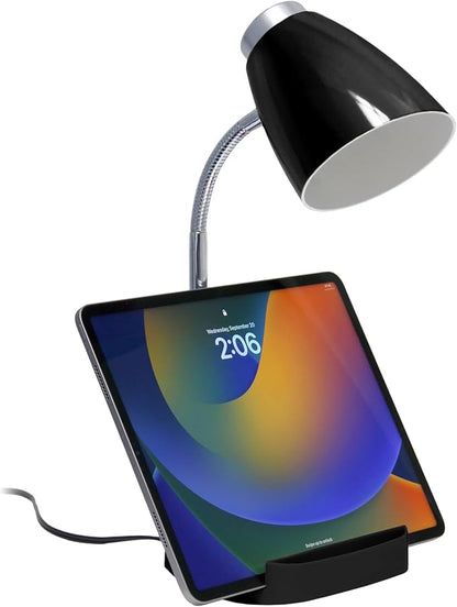 Simple Designs LD1067-BLK Compartmental Desk Lamp with iPhone/iPad/Tablet Stand, Bendable Gooseneck, for Office, Living Room, Nightstand, Library, Entryway, Black