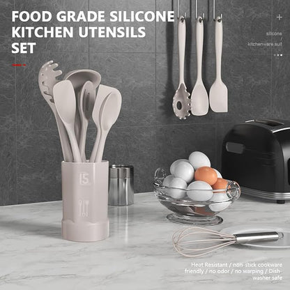 AOTHOD Silicone Cooking Utensils Set - 446°F Heat Resistant Kitchen Utensils,Turner Tongs,Spatula,Spoon,Brush,Whisk,Kitchen Utensil Gadgets Tools Set for Nonstick Cookware,Dishwasher Safe (BPA Free)