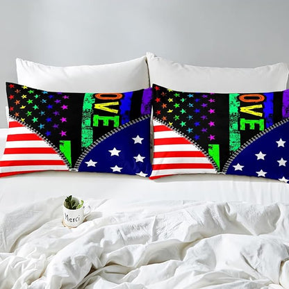 Erosebridal American Flag Bedding Set Rainbow Pride Comforter Set Full Size for Teens Adult Women Bedroom,USA Federations Stars Stripes Down Comforter Kids Unique Zipper Design Bedding Comforters