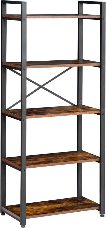 5 Tier Bookshelf Rustic Industrial Style, Storage Shelves, Metal Book Shelves Bookcase Book Shelf Display Shelf for Home Office, Living Room, Bedroom, Kitchen (23.6" W, Brown)
