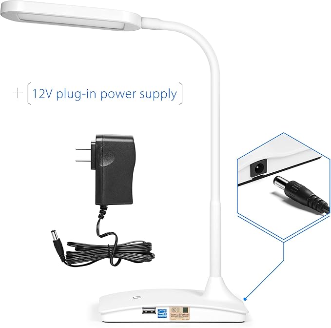 TW Desk Lamps for Home Office - Super Bright Small Desk Lamp with USB Charging Port, a Perfect LED Desk Light as Study Lamp, Bedside Reading Lights, White