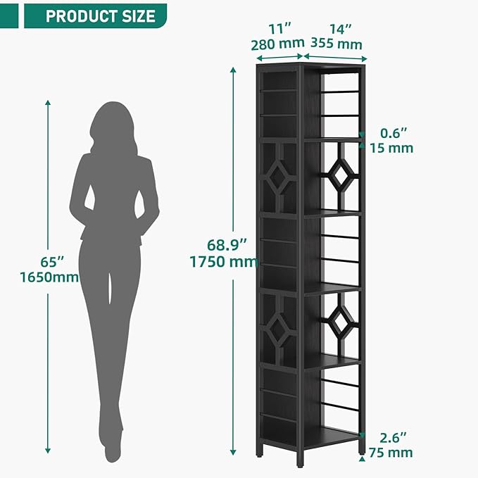 YITAHOME Narrow Bookshelf, 5-Tier Industrial Book Shelf Storage Rack, Display Shelves Stand Etagere for Small Spaces, Open Bookcase for Bedroom Living Room Bathroom Kitchen, Black