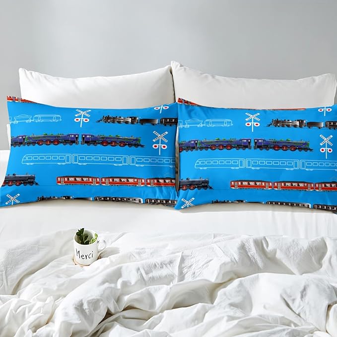 Feelyou Boys Train Twin Size Comforter Set Cartoon Car Toddler Bedding Set for Kids Teens Vintage Car Track Comforter Red Blue Black Decor Quilt Set Room 2Pcs
