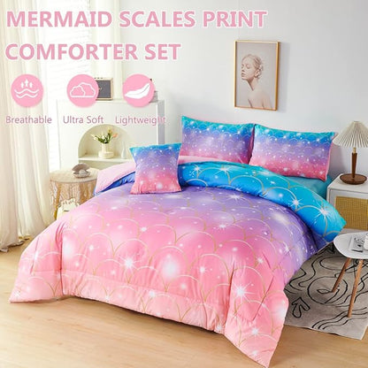 PERFEMET Mermaid Comforter Set for Girls 6 Pieces Rainbow Glitter Twin Size Kids Bedding Set Purple Pink Ombre Mermaid Scale Print Bed in A Bag Comforter Set with Sheets