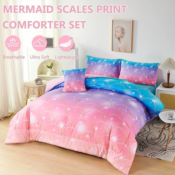 PERFEMET Mermaid Print Full Size Comforter Set for Girls, 6 Piece Colorful Tie Dye Teen Girl Bedding Set, Pink Purple Ombre Cute Bed in A Bag Comforter Set with Sheets