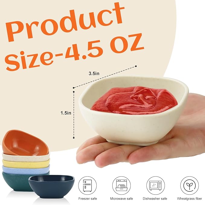 Homienly Soy Sauce Dishes, Wheat Straw Small Bowls Set of 6 - 4.5 OZ Unbreakable Dipping Cups for Dessert, Sauce, Side Dish, Mini Prep