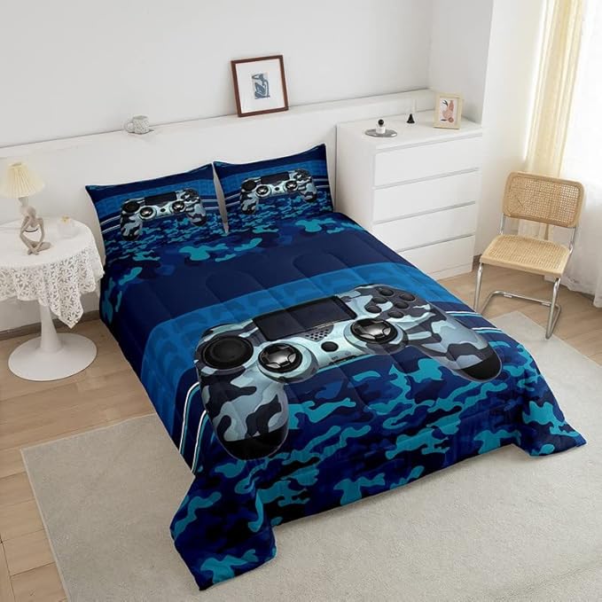 Feelyou Gamer Comforter Set Camouflage Gaming Video Game Bedding Set for Kids Boys Blue Camo Gamer Console Comforter Soft Gamepad Decor Quilt King Size Boys