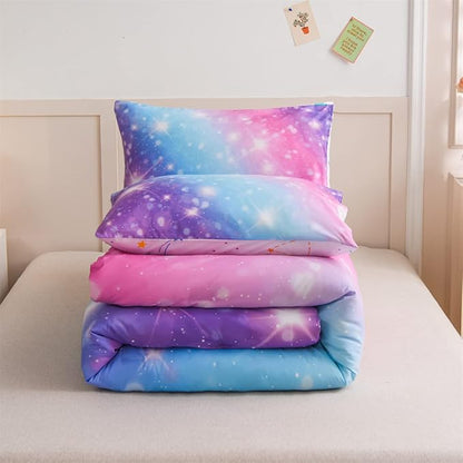 Holawakaka Girls Space Star Rainbow Glitter Comforter Set Ombre Galaxy Print Gradient Reversible Bedding Set Full Size Kids Bed Sets (Pink Lavender, Full)