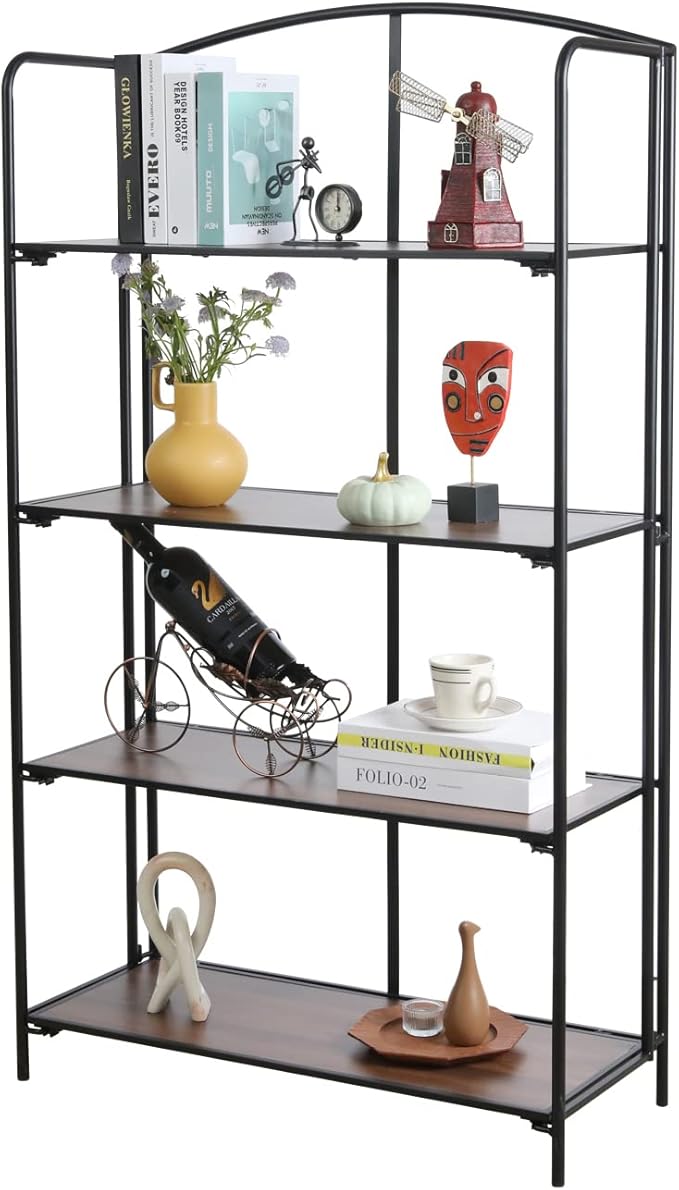 No Assembly Folding Bookshelf, 4 Tier Black Bookshelf, Metal Book Shelf for Storage, Folding Bookcase for Office Organization and Storage, 12.87" D x 30.9" W x 55.71" H