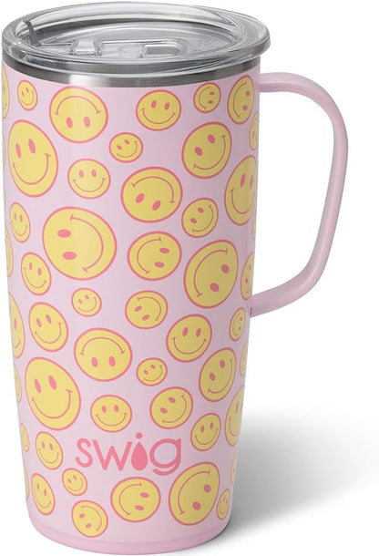 Swig Life 22oz Travel Mug, Insulated Tumbler with Handle and Lid, Cup Holder Friendly, Dishwasher Safe, Stainless Steel, Travel Coffee Cup, Insulated Mug with Lid (Oh Happy Day)
