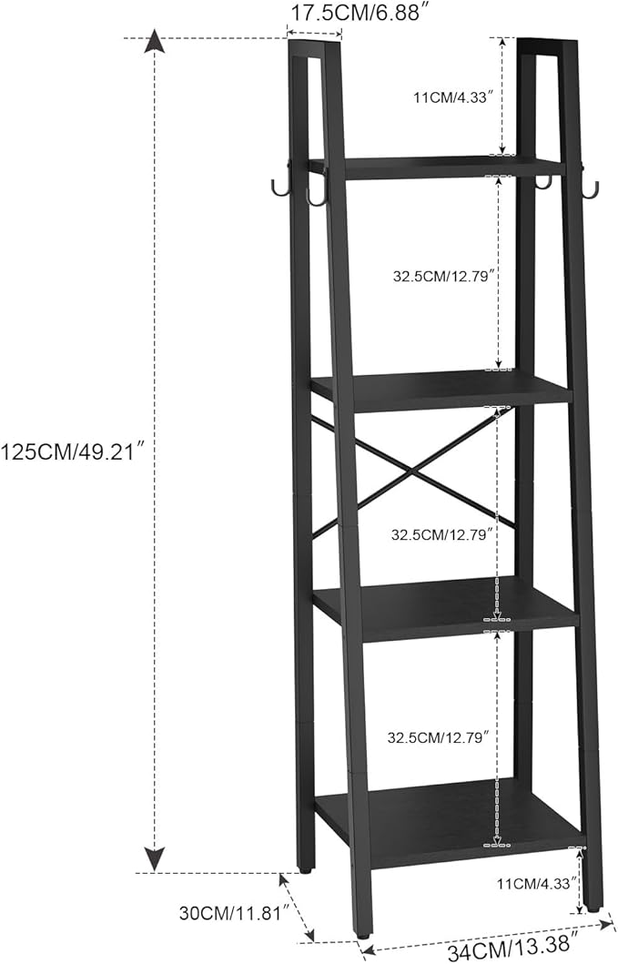 YMYNY 4 Tiers Ladder Bookcase, Industrial Narrow Bookshelf, Open Display Rack with 4 S Hooks, Metal Storage Shelves for Bedroom, Home Office, Living Room, Black, 49.2H*13.4L*11.8W, UHBC024B