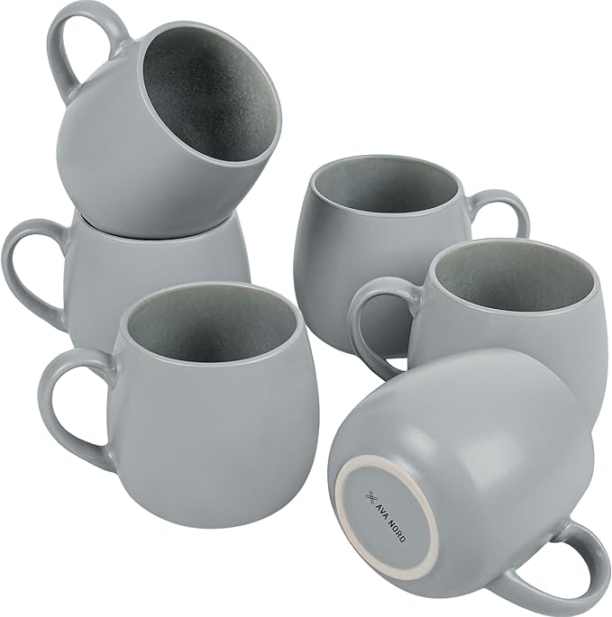 Ceramic Coffee Mugs Set of 6, 14oz - Modern Scandinavian Aesthetic - Microwavable Stoneware Coffee Cups with Comfortable Handle - Tea Mug Set for Latte, Cappuccino, Soup - Pale Blue Mist
