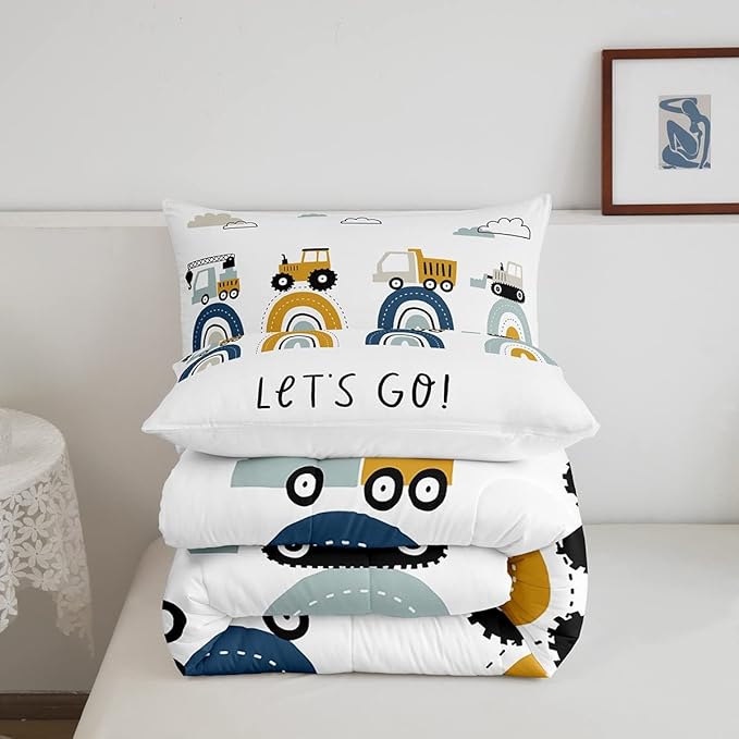 Feelyou Boys Cartoon Car Comforter Set, Kids Construction Vehicles Comforter for Kids Children Cartoon Rainbow Truck Bedding Set Cute Cars Soft Quilt Set Bedroom Collection 2Pcs Twin Size