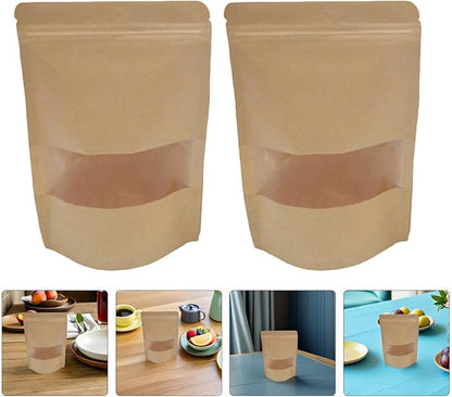 50pcs Kraft Paper Self-sealing Bags with Window Resealable Food Bags for Bread Cheese Packaging and Pantry Organizing