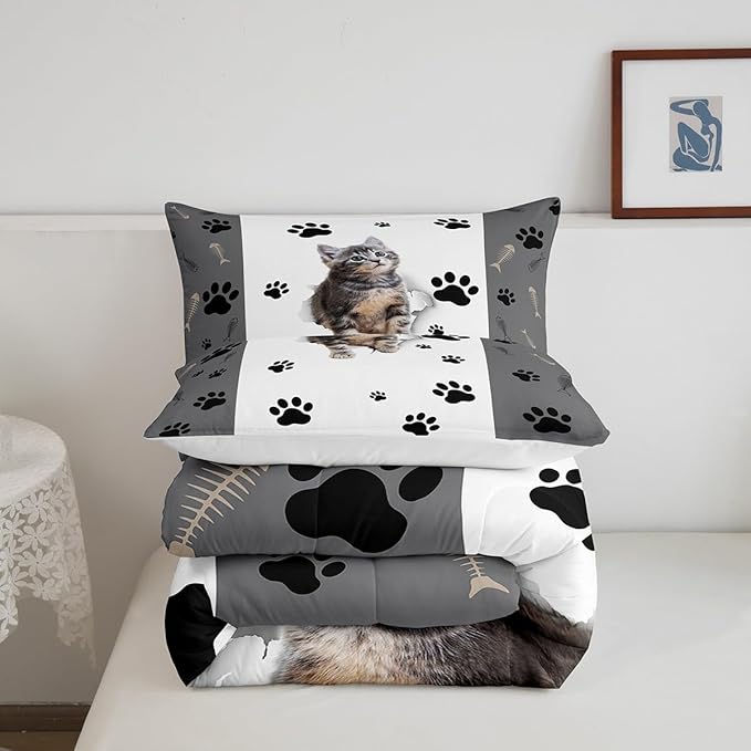 Kids Cat Comforter Set King,3D Cute Kawaii Cat Bedding Set Lovely Animal Kitten Paw Print Down Comforter for Girls Boys Cat Lovers' Bedroom,Fish Bone Decor Quilt Duvet Set Grey White 2 Pillow Cases