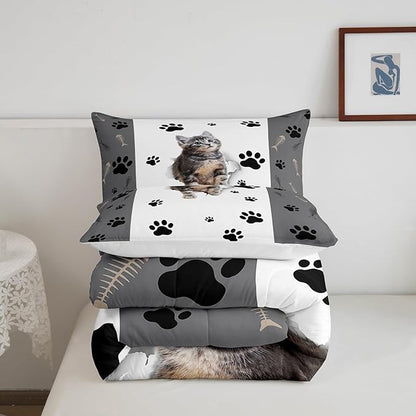 Kids Cat Comforter Set Queen,3D Cute Kawaii Cat Bedding Set Lovely Animal Kitten Paw Print Down Comforter For Girls Boys Cat Lovers' Bedroom,Fish Bone Decor Quilt Duvet Set Grey White 2 Pillow Cases