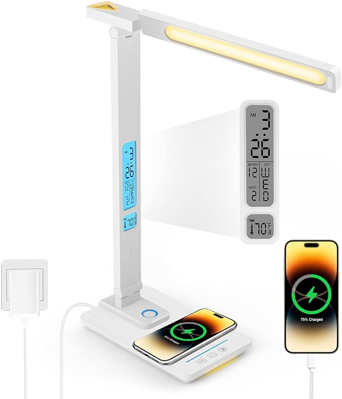 LAOPAO LED Desk Lamp with Wireless Charger, USB Charging Port, Sliding Dimmable Auto Timer Table Lamp with Night Light, Desk Lights with Clock for Study Reading Home Office