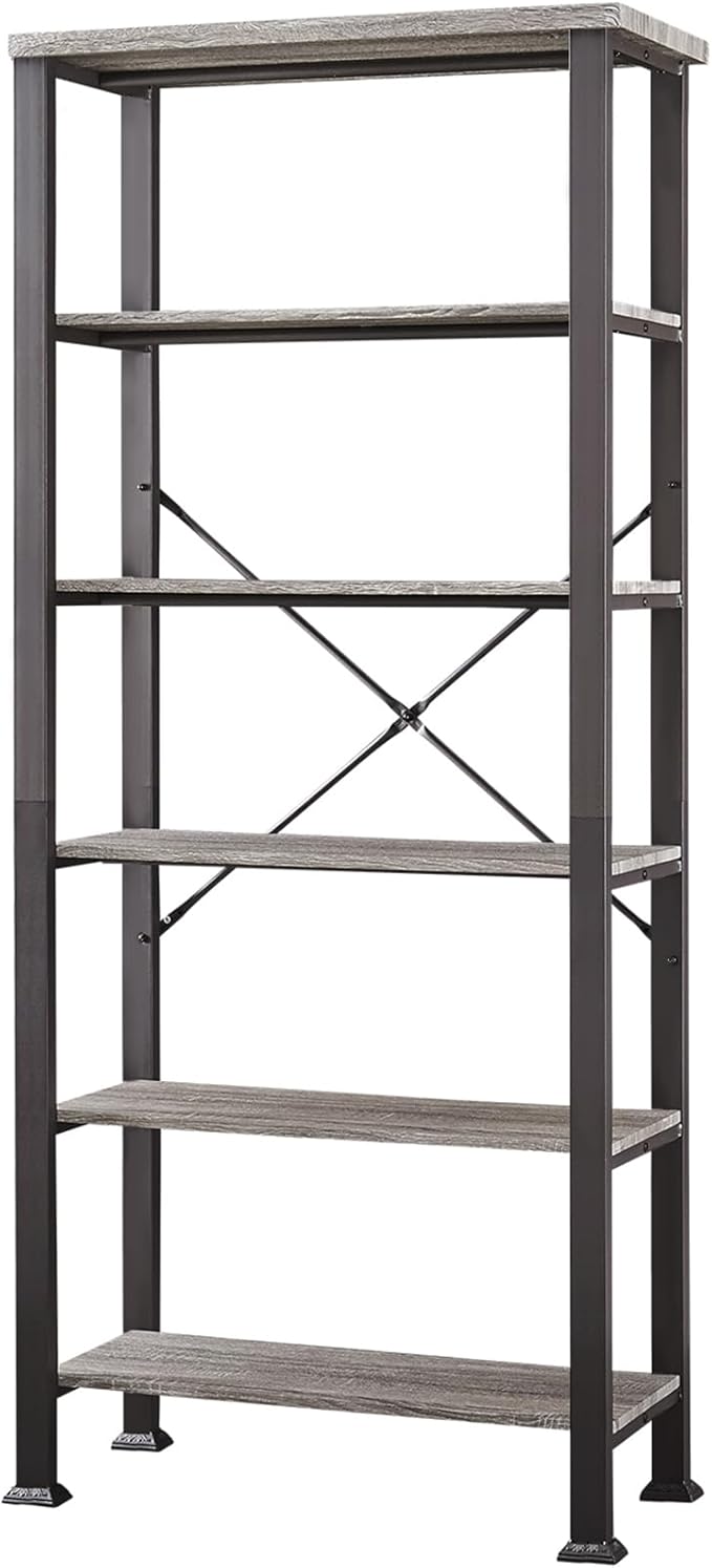 HOMBAZAAR Bookshelf, 6-Tier Vintage Industrial Book Shelf, Rustic Wood and Metal Bookcase and Bookshelves, Free Standing Storage Large Bookshelf for Living Room, Bedroom and Kitchen, Grey Oak