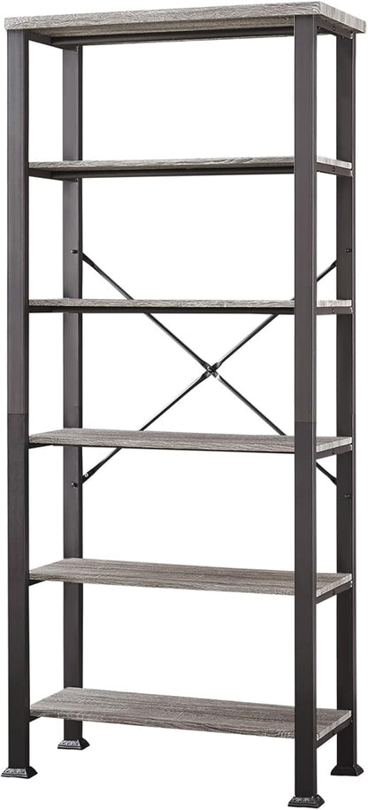 HOMBAZAAR Bookshelf, 6-Tier Vintage Industrial Book Shelf, Rustic Wood and Metal Bookcase and Bookshelves, Free Standing Storage Large Bookshelf for Living Room, Bedroom and Kitchen, Grey Oak