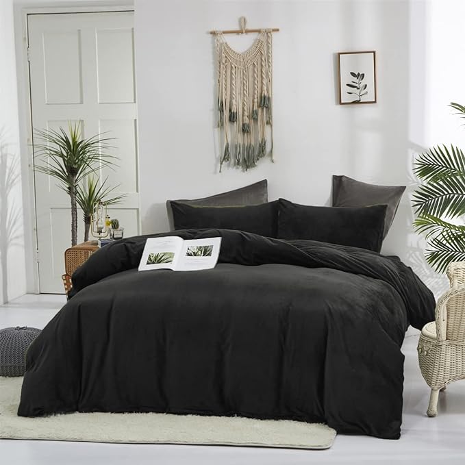 Wellboo Black Velvet Comforter Sets Twin Solid Black Fluffy Bedding Comforters Women Men Plain Dark Color Flannel Quilt Modern Minimalist All Black Comforters Twin Size Micromink Sherpa Plush Bedding