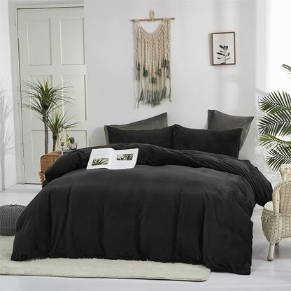 Wellboo Black Velvet Comforter Sets Twin Solid Black Fluffy Bedding Comforters Women Men Plain Dark Color Flannel Quilt Modern Minimalist All Black Comforters Twin Size Micromink Sherpa Plush Bedding