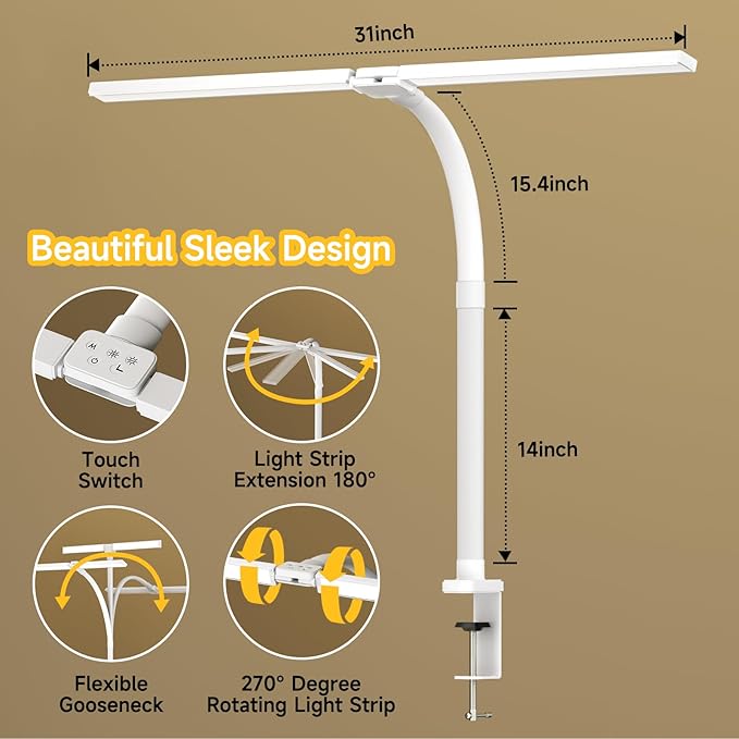SKYLEO Desk Lamp - Double Head LED Desk Light for Home office - 24W Eye Caring - Touch Control - 5 Color Modes X 11 Brightness Levels - 2400LM - Timmer & Memory Function - White