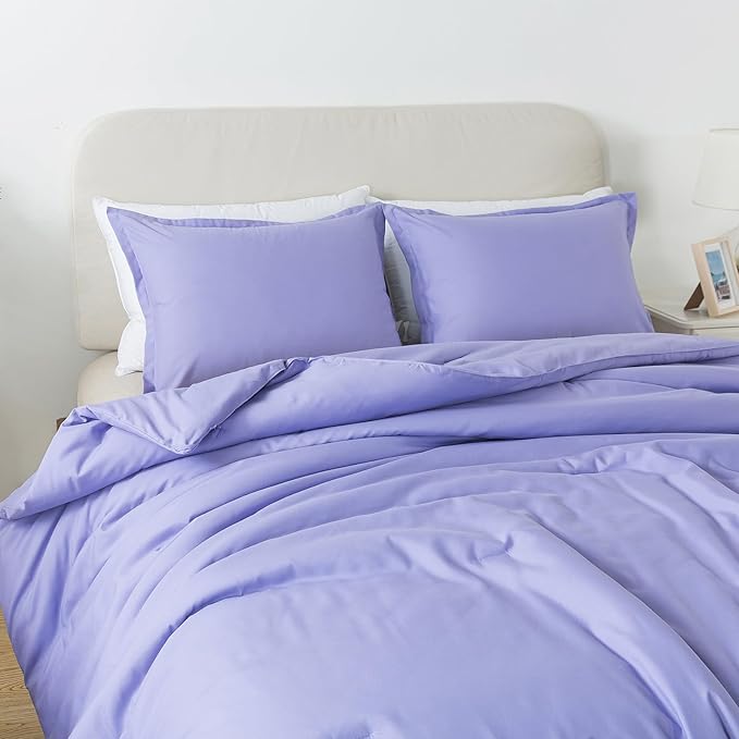 Queen Lavender Purple Comforter Set, Solid Luxury Skin-friendly Boho Bedding Set & Collections, Breathable Fluffy Microfiber 3 PCS (90"x90") Comforter Set for All Seasons with Pillowcases
