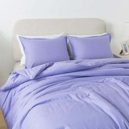 Queen Lavender Purple Comforter Set, Solid Luxury Skin-friendly Boho Bedding Set & Collections, Breathable Fluffy Microfiber 3 PCS (90"x90") Comforter Set for All Seasons with Pillowcases